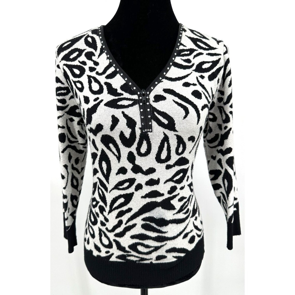 Michael Simon Womens Pullover Sweater Medium Silver Metallic‎ Animal Print Knit